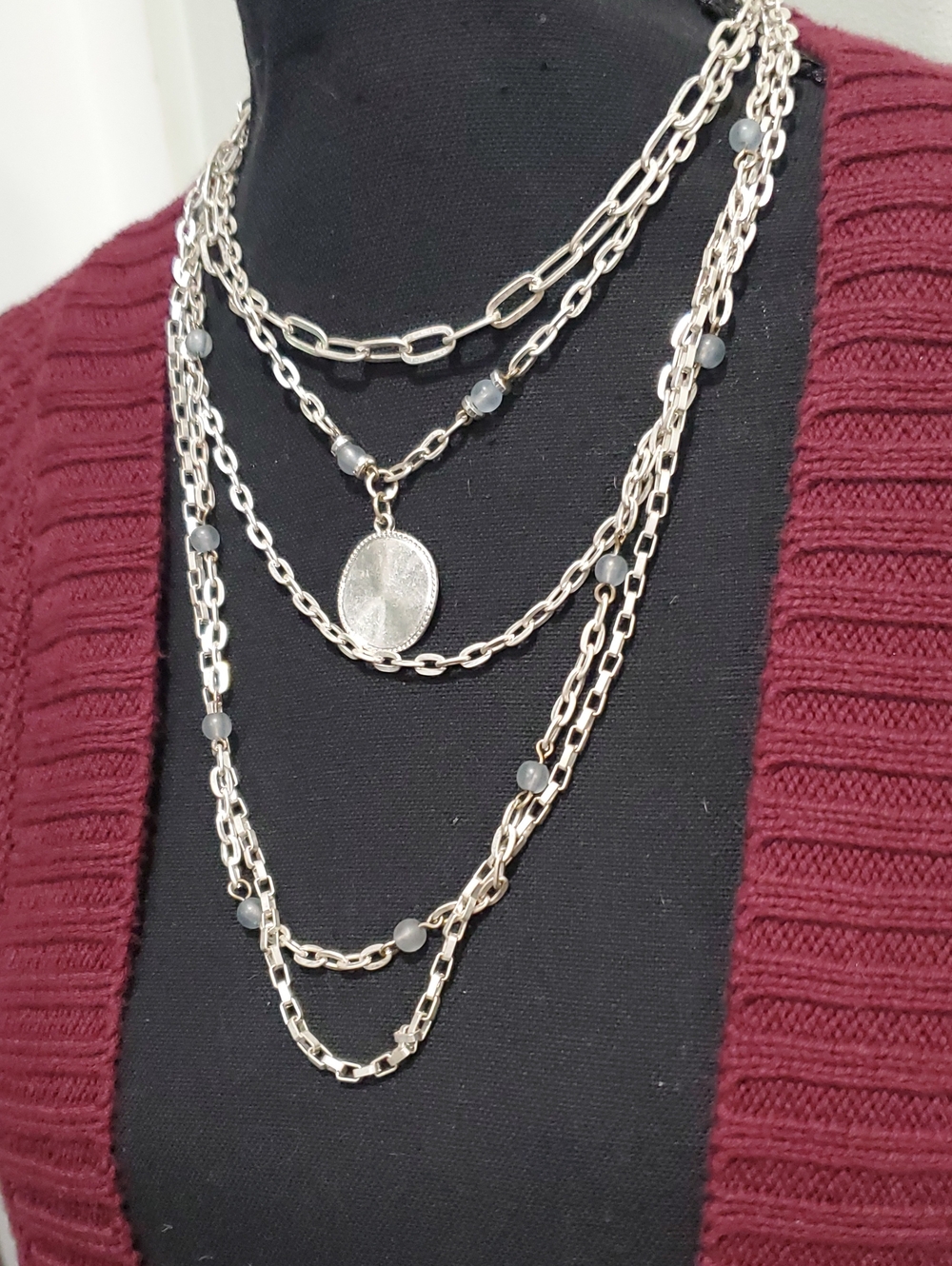 Layered Silver Coin Pendant Necklace with Gray Bead Accents